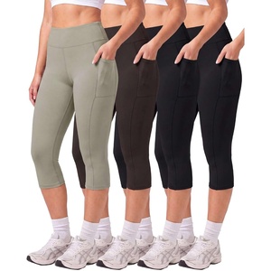 Real Essentials 4 Pack: Women’s Capri Leggings with Pockets Casual Yoga Workout Exercise Pants (Available in Plus Size)(Set 13)