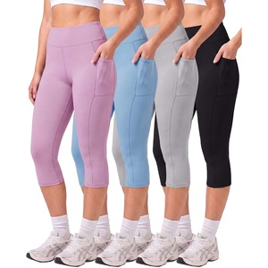 Real Essentials 4 Pack: Women’s Capri Leggings with Pockets Casual Yoga Workout Exercise Pants (Available in Plus Size)(Set 14)