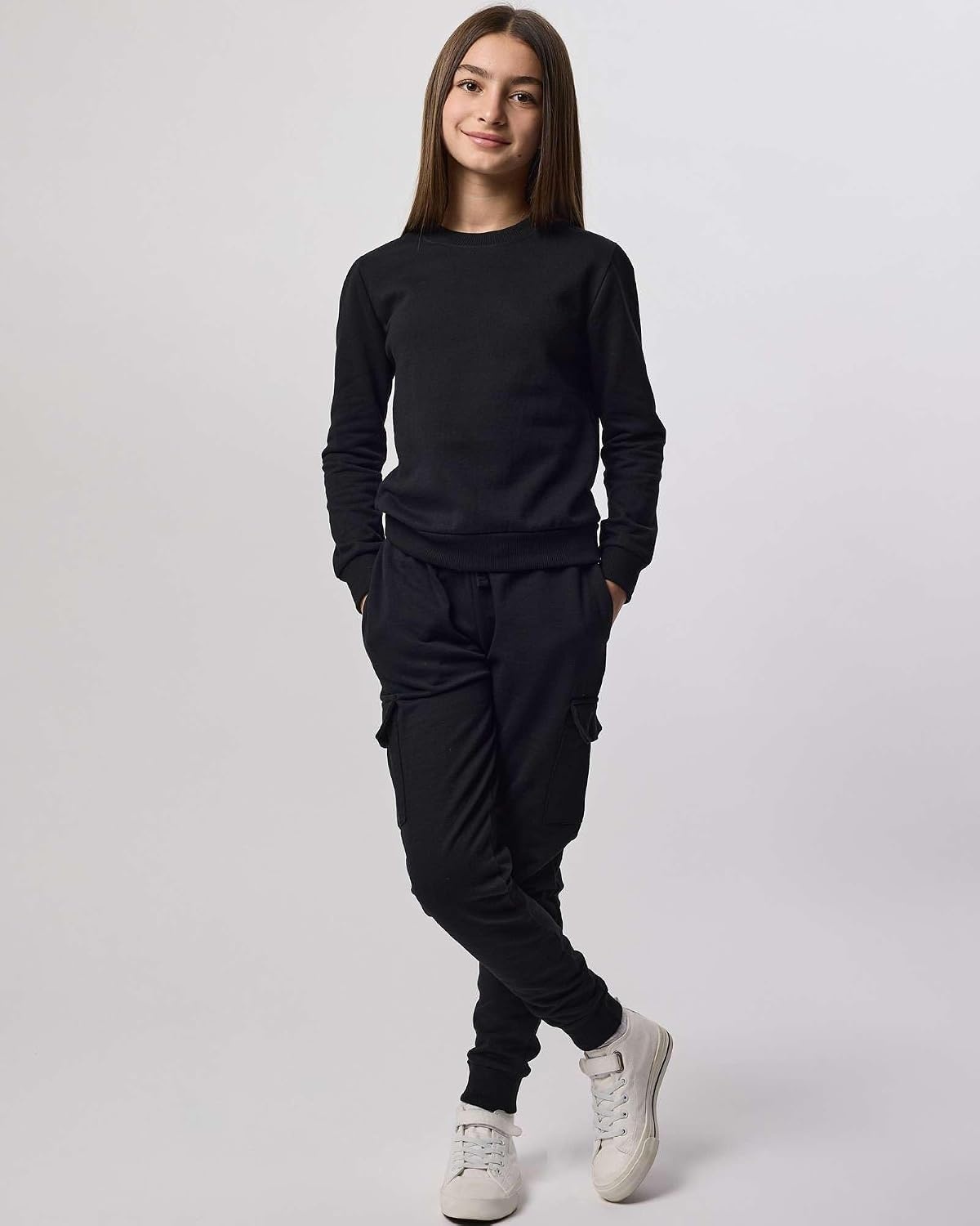 image:imageReal Essentials 3Pack Girls UltraSoft amp Warm Long Sleeve Fleece Crew Neck Pullover SweatshirtSolid Black Solid Fragrant Lilac Grey Heather