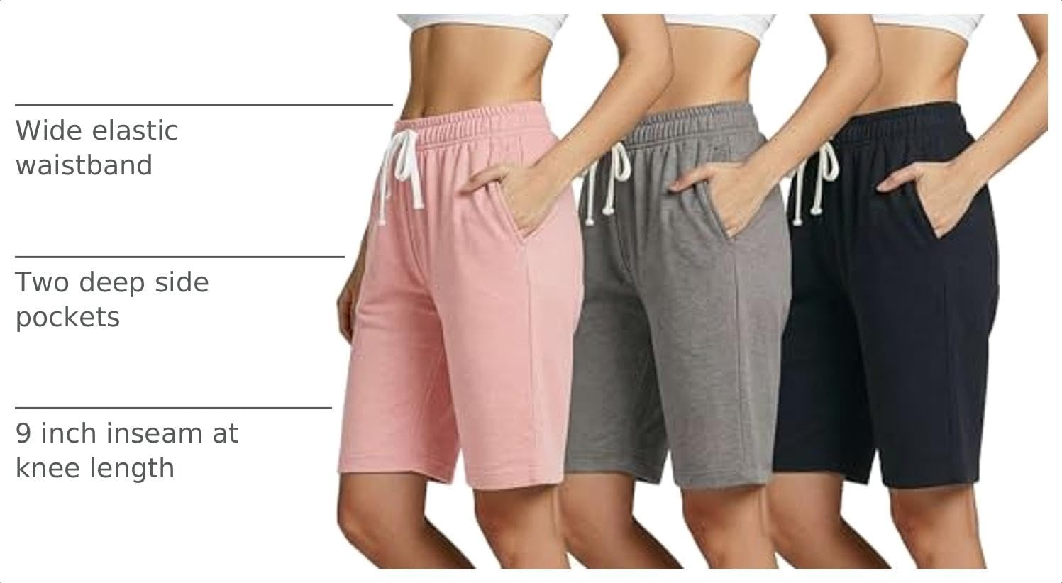 image:image3 Pack Womens 9 French Terry Bermuda Shorts Athletic Lounge Yoga PocketsSet 2