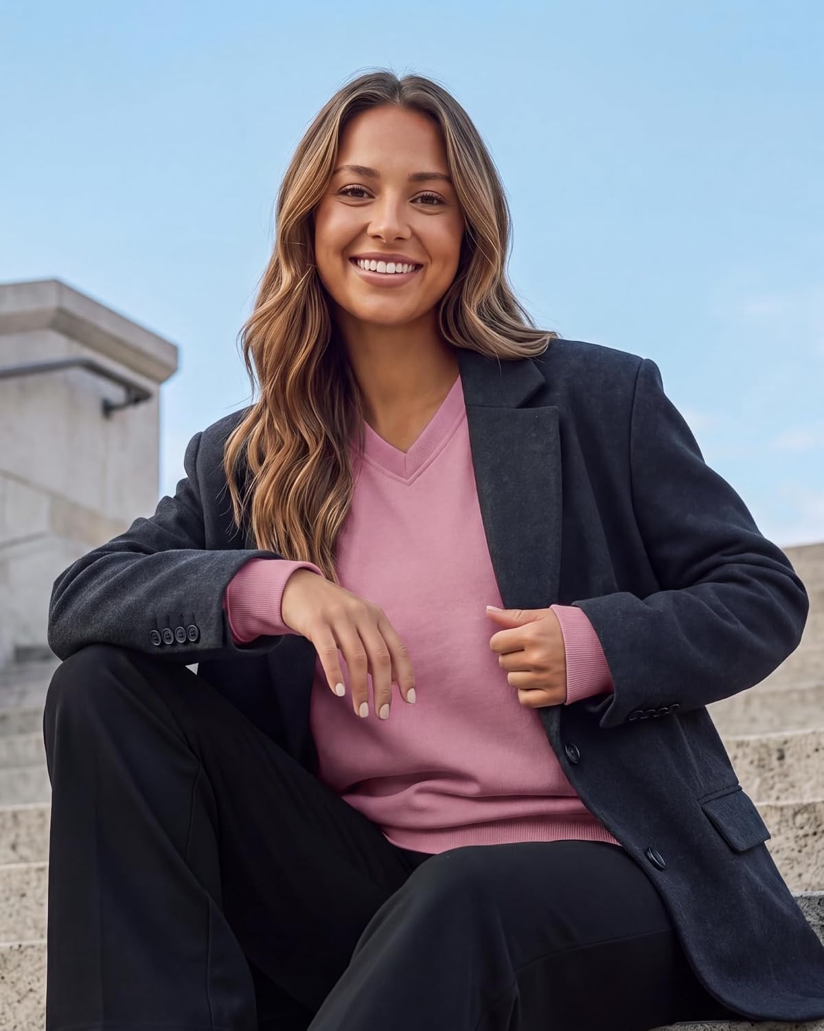 image:image3 Pack Womens Fleece V Neck Sweatshirt Pullover Sweaters Long Sleeve TopSolid Black Solid Cashmere Rose Grey Heather