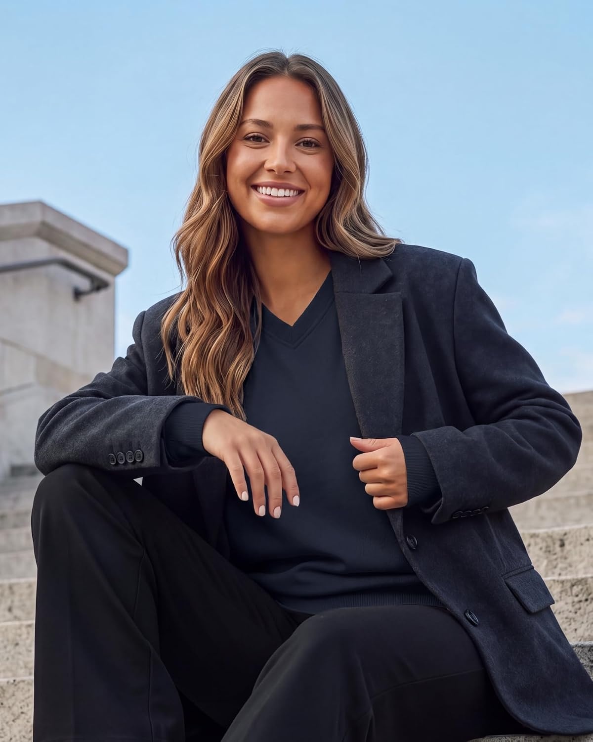image:image3 Pack Womens Fleece V Neck Sweatshirt Pullover Sweaters Long Sleeve TopSolid Black Solid Navy Blazer Charcoal Heather