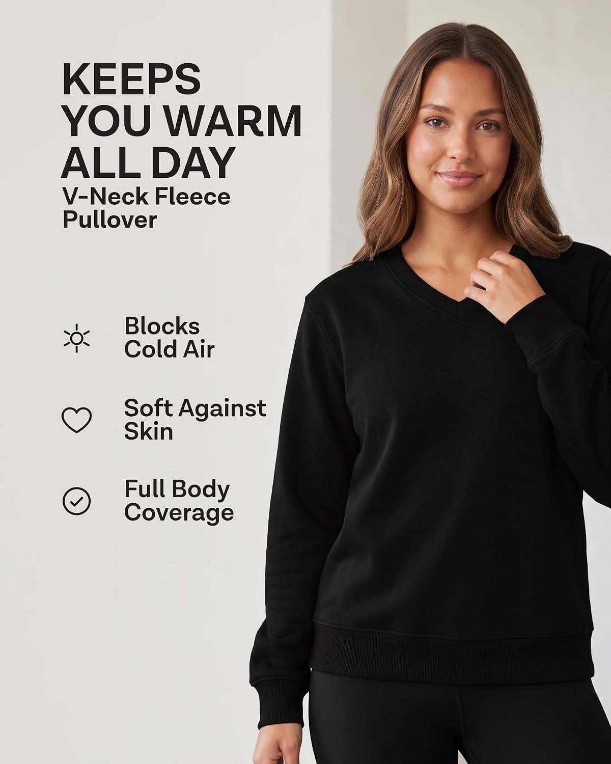 image:image3 Pack Womens Fleece V Neck Sweatshirt Pullover Sweaters Long Sleeve TopSolid Black Solid Navy Blazer Charcoal Heather