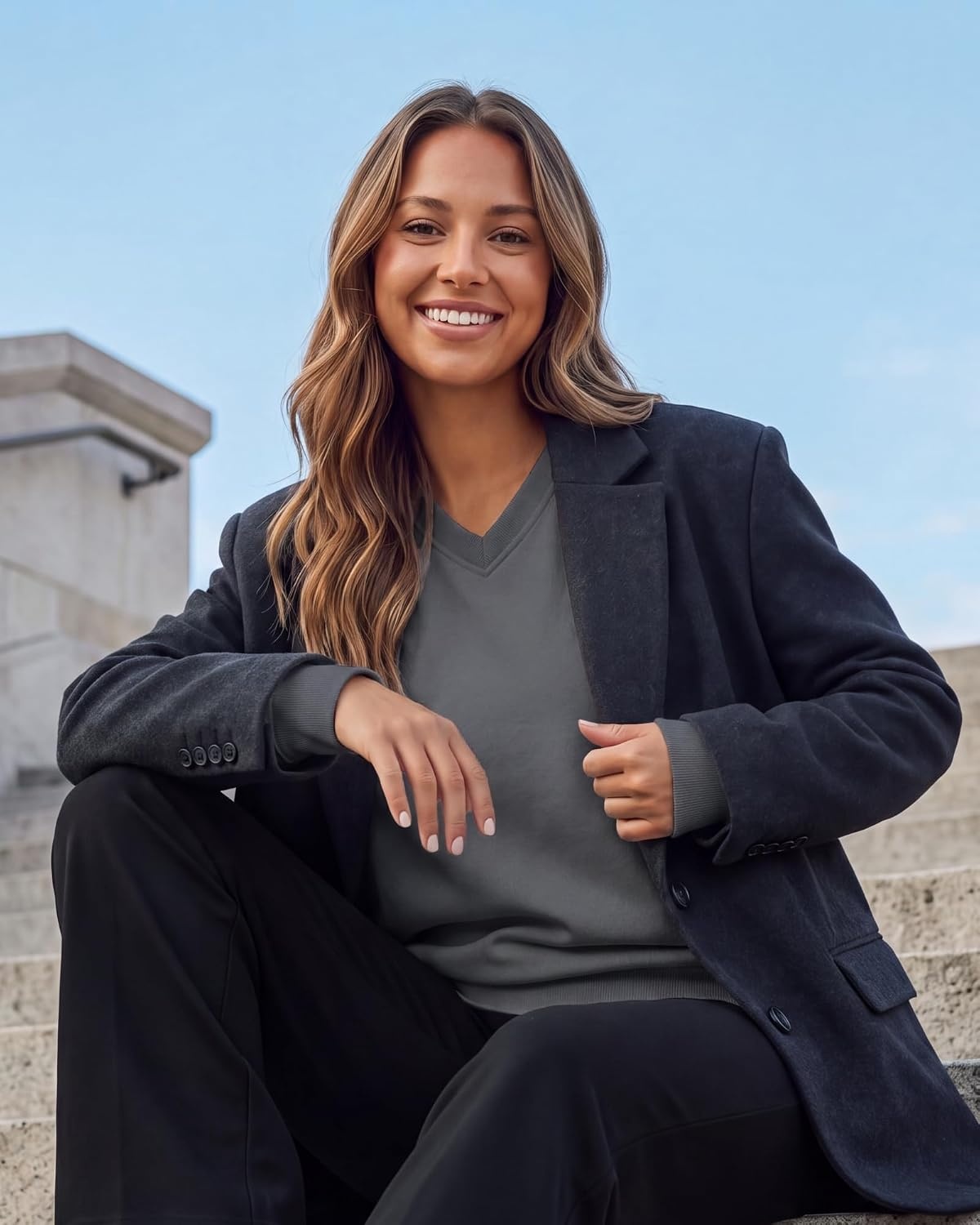 image:image3 Pack Womens Fleece V Neck Sweatshirt Pullover Sweaters Long Sleeve TopSolid Black Solid Quiet Shade Grey Heather