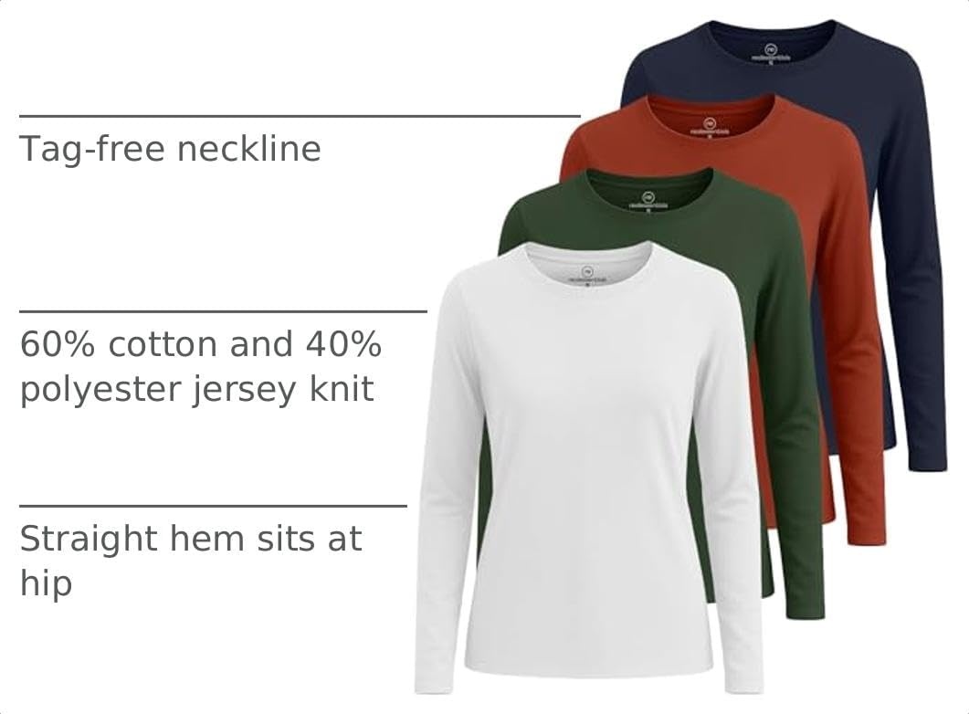 image:image4 Pack Womens Cotton Long Sleeve T Shirts Crewneck Basic Workout Tops TeesSet 10
