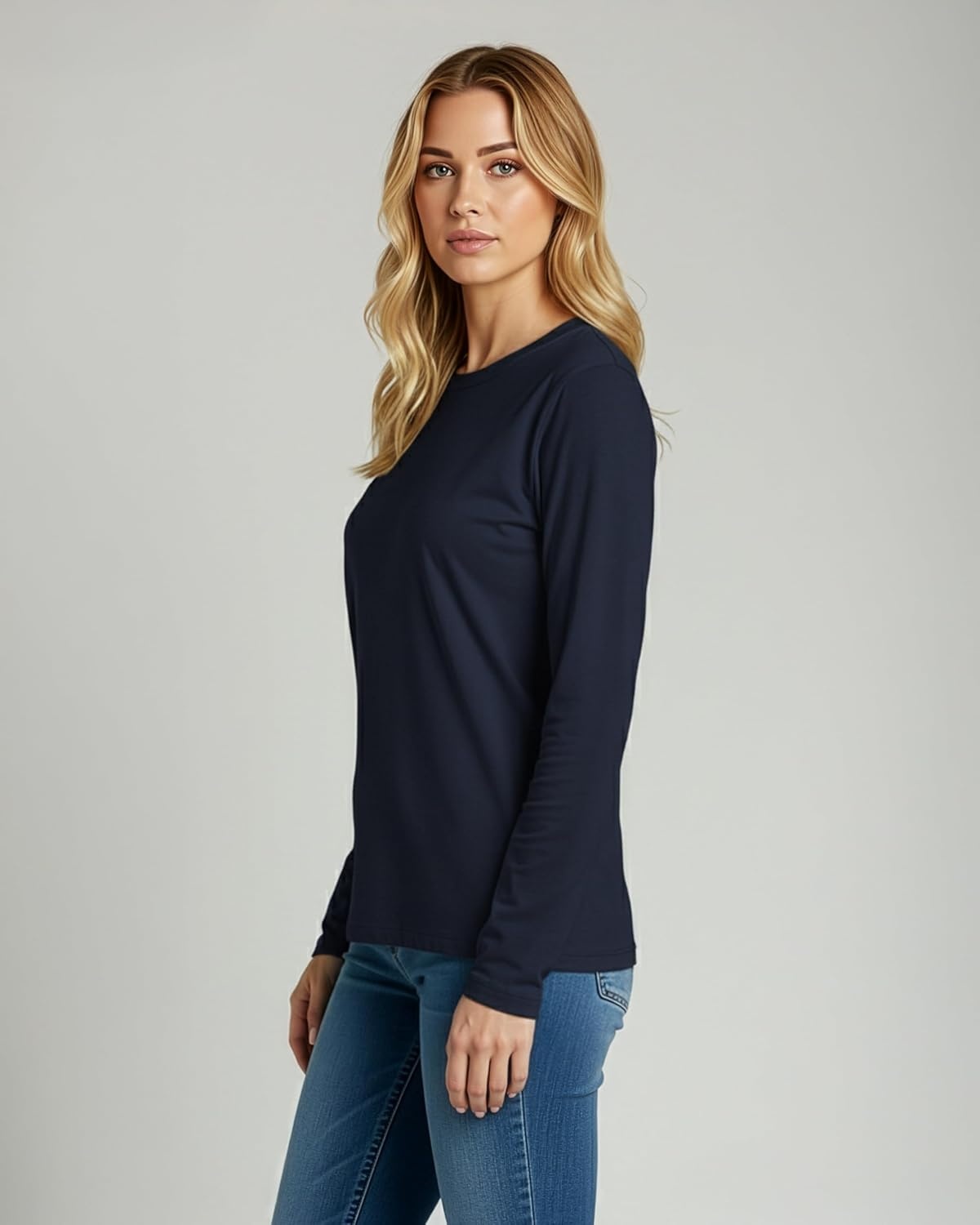 image:image4 Pack Womens Cotton Long Sleeve T Shirts Crewneck Basic Workout Tops TeesSet 8