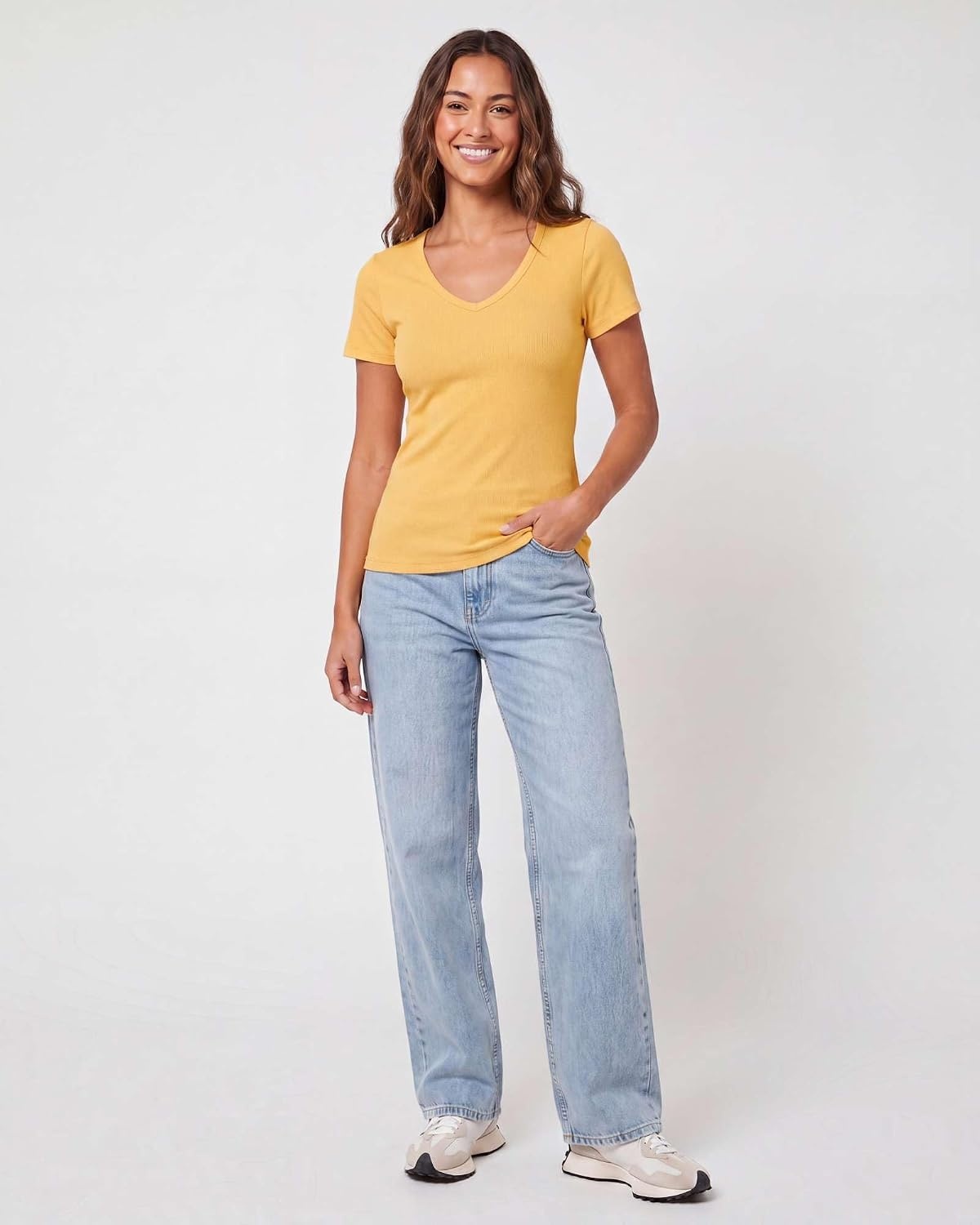 image:image5 Pack Womens Ribbed V Neck T Shirts Short Sleeve Basic Lounge Casual TopsSet 3