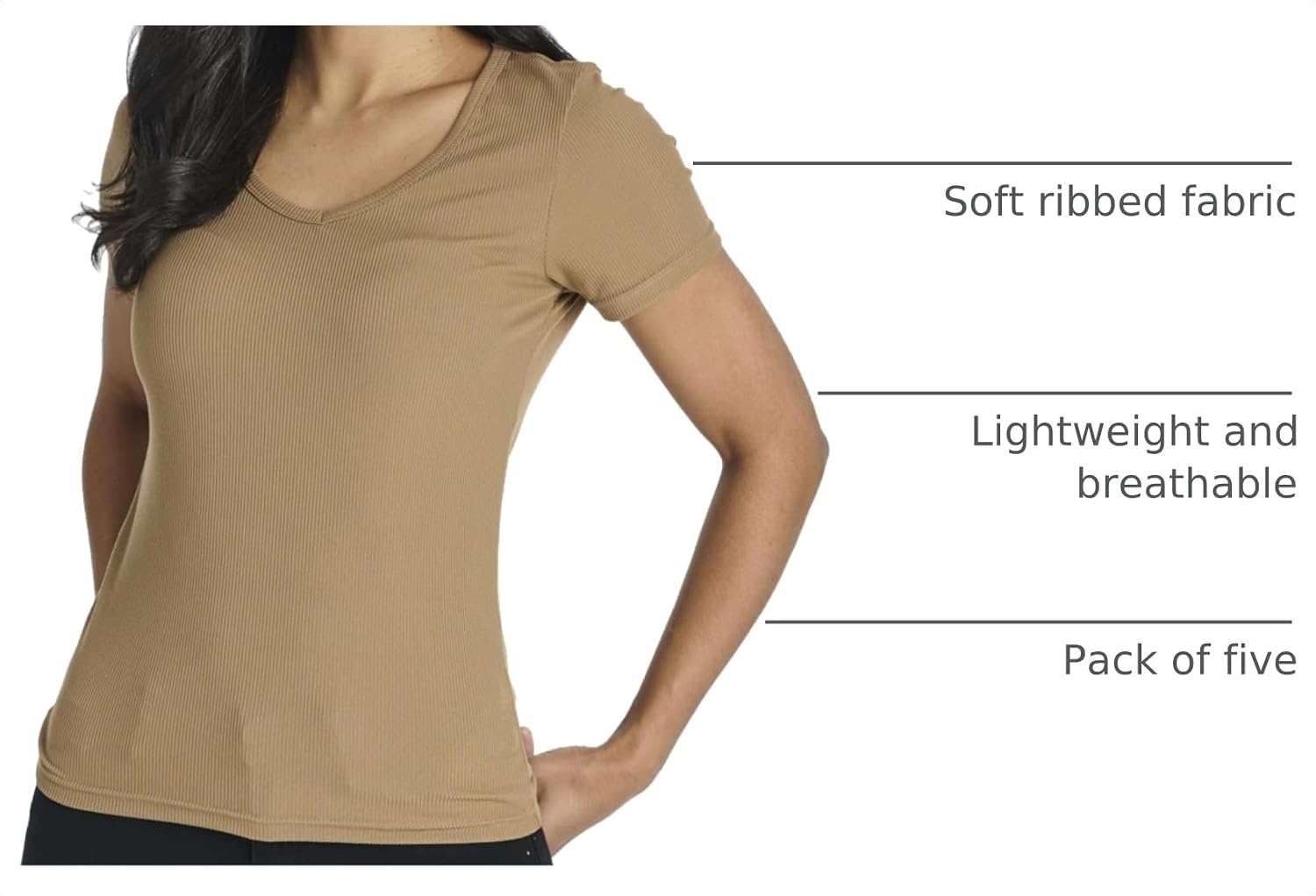 image:image5 Pack Womens Ribbed V Neck T Shirts Short Sleeve Basic Lounge Casual TopsSet 4