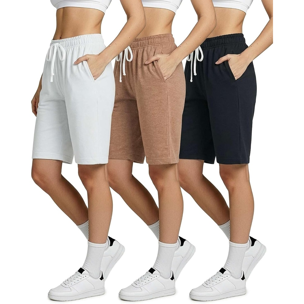 image:image3 Pack Womens 9 French Terry Bermuda Shorts Athletic Lounge Yoga PocketsSet 3