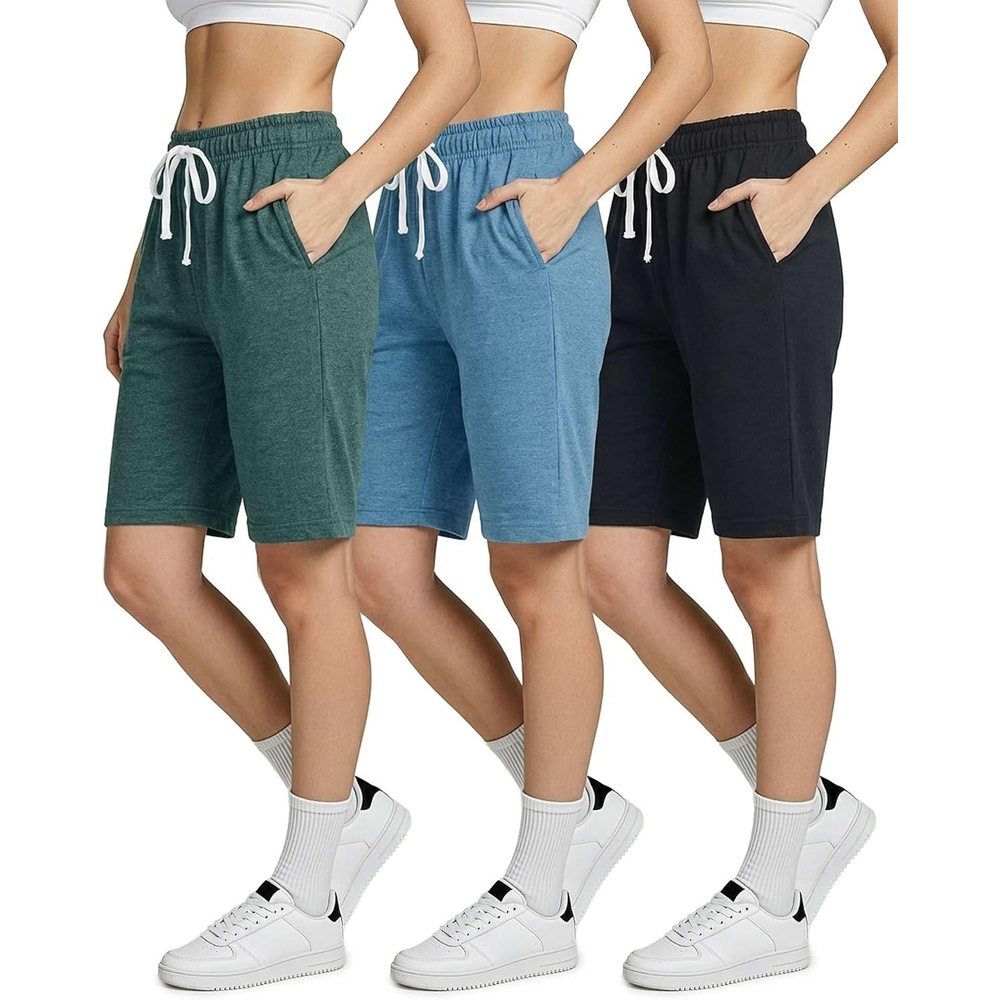 image:image3 Pack Womens 9 French Terry Bermuda Shorts Athletic Lounge Yoga PocketsSet 7