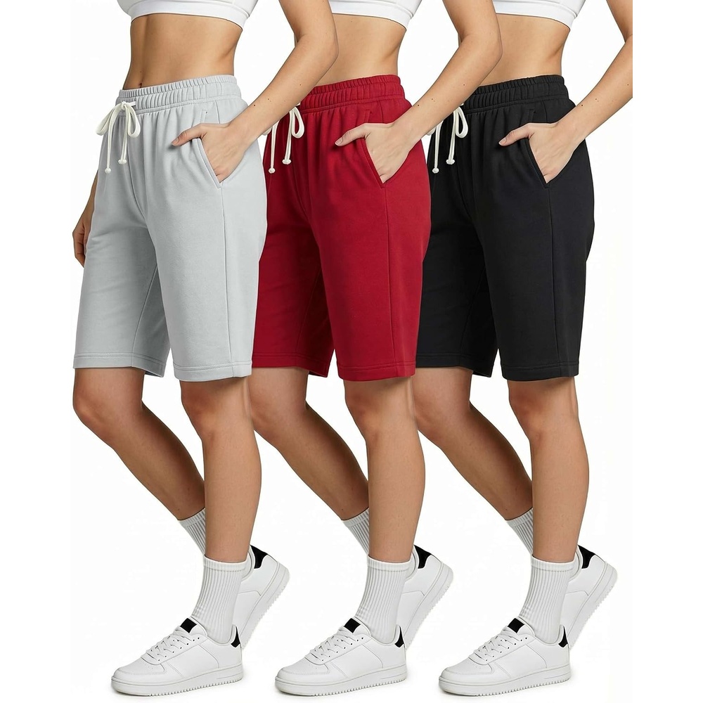 image:image3 Pack Womens 9 French Terry Bermuda Shorts Athletic Lounge Yoga PocketsSet 8