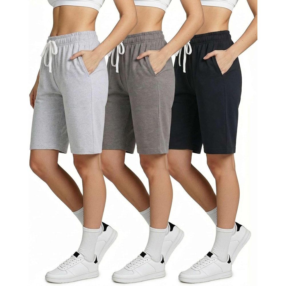 image:image3 Pack Womens 9 French Terry Bermuda Shorts Athletic Lounge Yoga PocketsSet 9