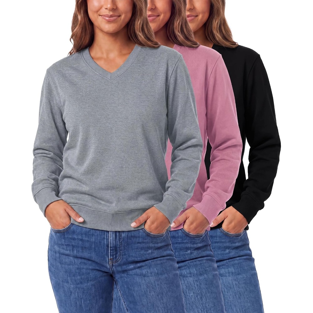 image:image3 Pack Womens Fleece V Neck Sweatshirt Pullover Sweaters Long Sleeve TopSolid Black  Solid Cashmere Rose  Grey Heather