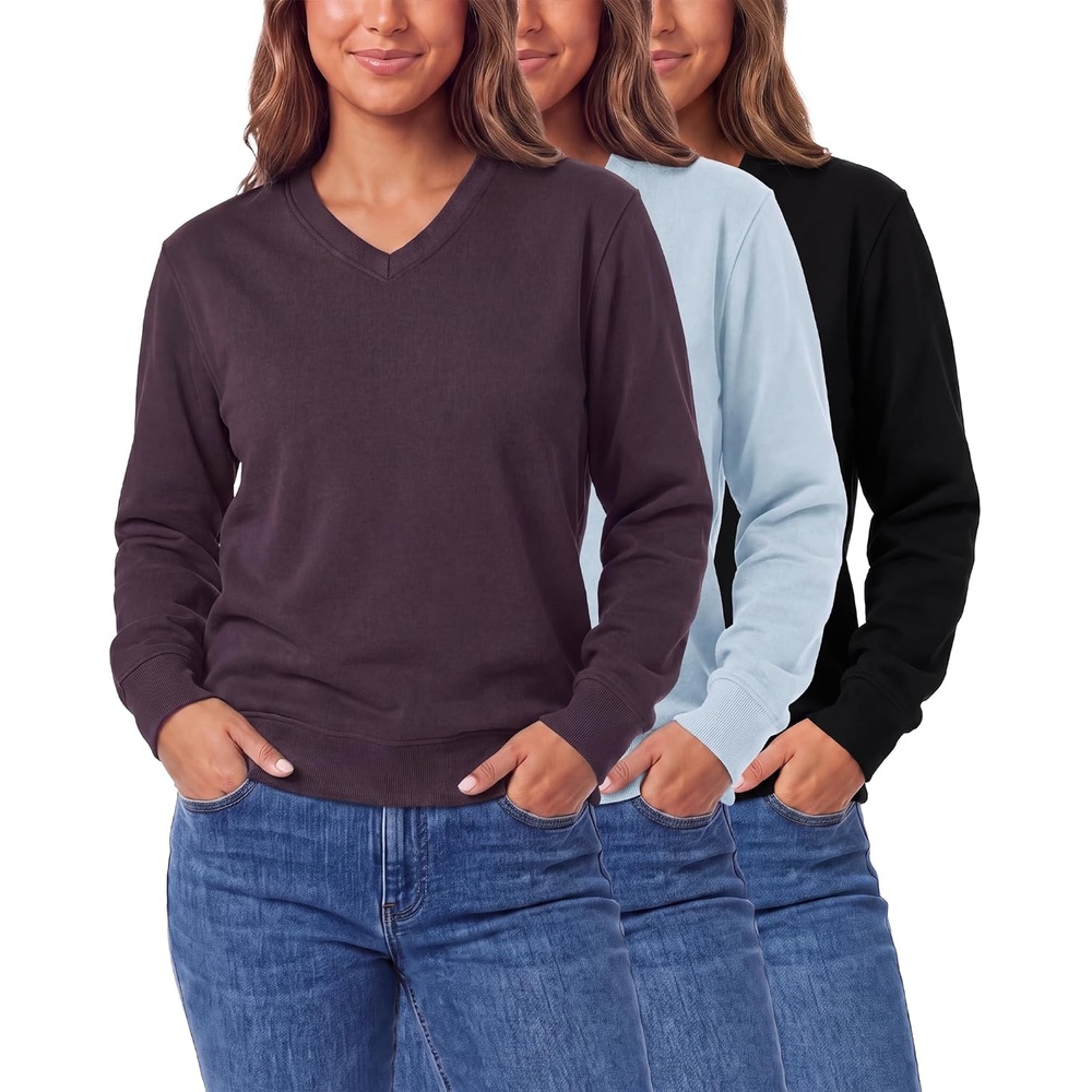 image:image3 Pack Womens Fleece V Neck Sweatshirt Pullover Sweaters Long Sleeve TopSolid Black Solid Plum Perfect Solid Ballad Blue