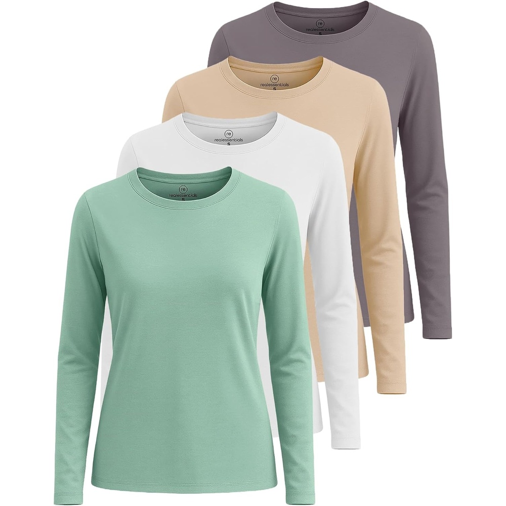 image:image4 Pack Womens Cotton Long Sleeve T Shirts Crewneck Basic Workout Tops TeesSet 1