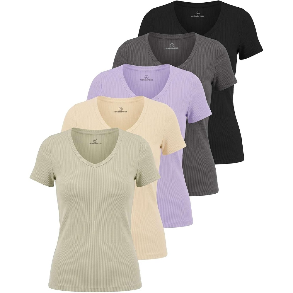 image:image5 Pack Womens Ribbed V Neck T Shirts Short Sleeve Basic Lounge Casual TopsSet 2