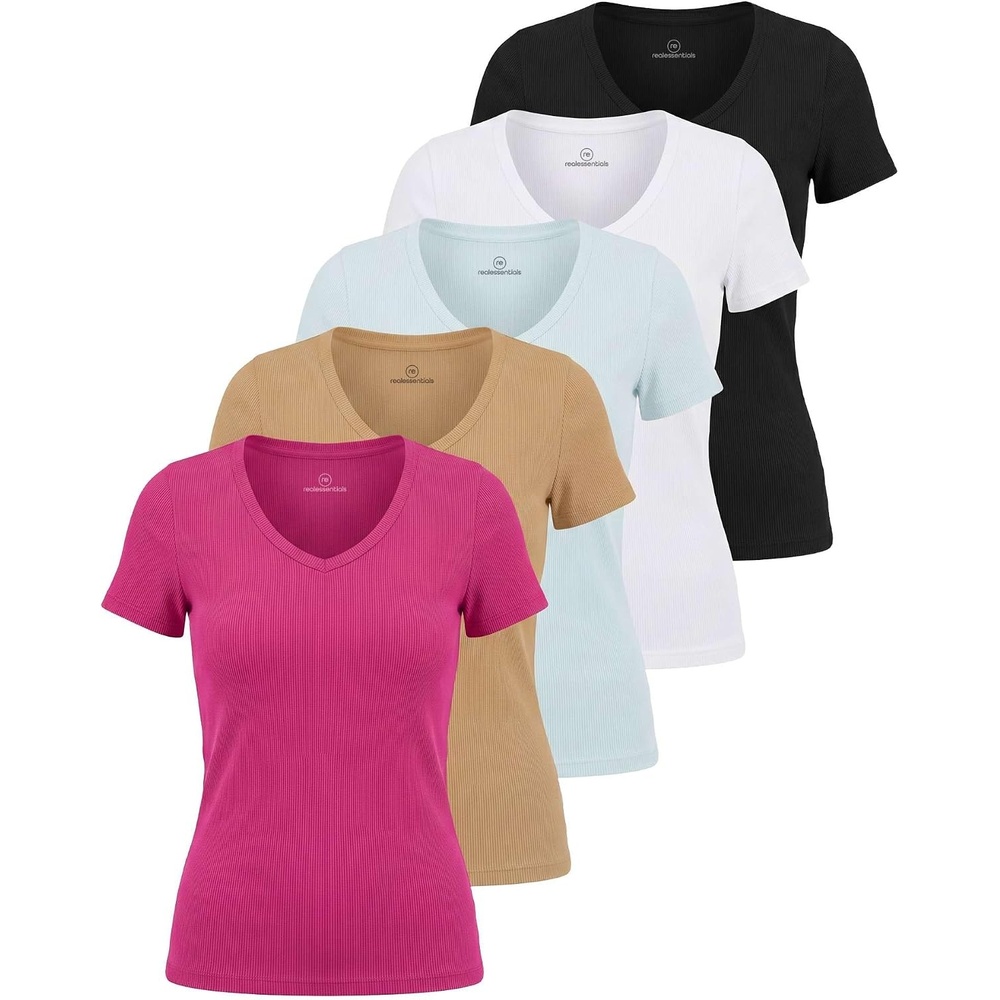 image:image5 Pack Womens Ribbed V Neck T Shirts Short Sleeve Basic Lounge Casual TopsSet 8