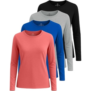 4 Pack Women’s Cotton Long Sleeve T Shirts Crewneck Basic Workout Tops Tees(Set 2)