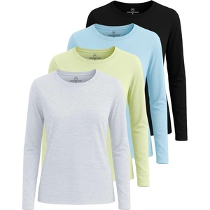 4 Pack Women’s Cotton Long Sleeve T Shirts Crewneck Basic Workout Tops Tees(Set 3)