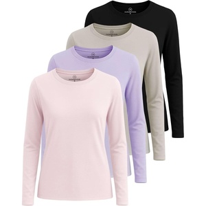 4 Pack Women’s Cotton Long Sleeve T Shirts Crewneck Basic Workout Tops Tees(Set 5)