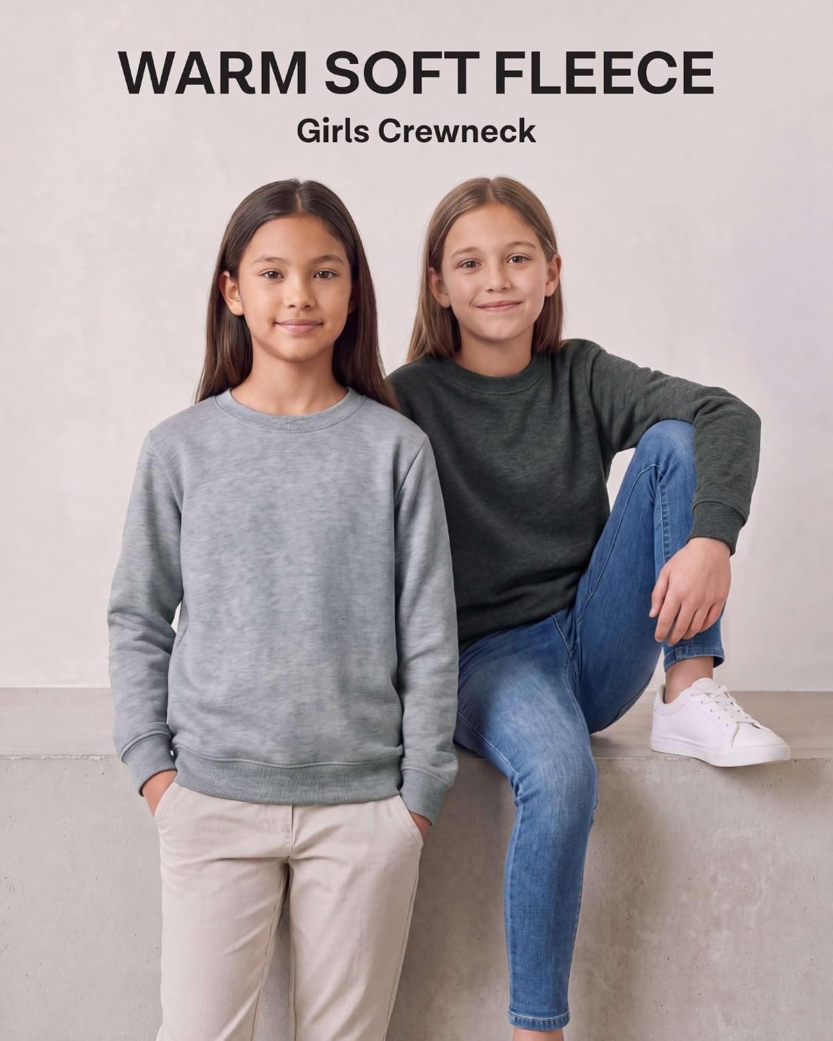 image:image3 Pack Girls Fleece Crewneck Sweatshirts Sweaters Kids Teens Pullover TopsSolid Black Charcoal Heather Grey Heather