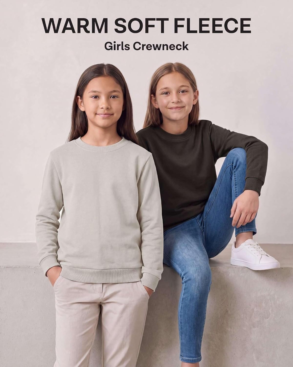 image:image3 Pack Girls Fleece Crewneck Sweatshirts Sweaters Kids Teens Pullover TopsSolid Black Solid Chocolate Torte Solid Moonbeam