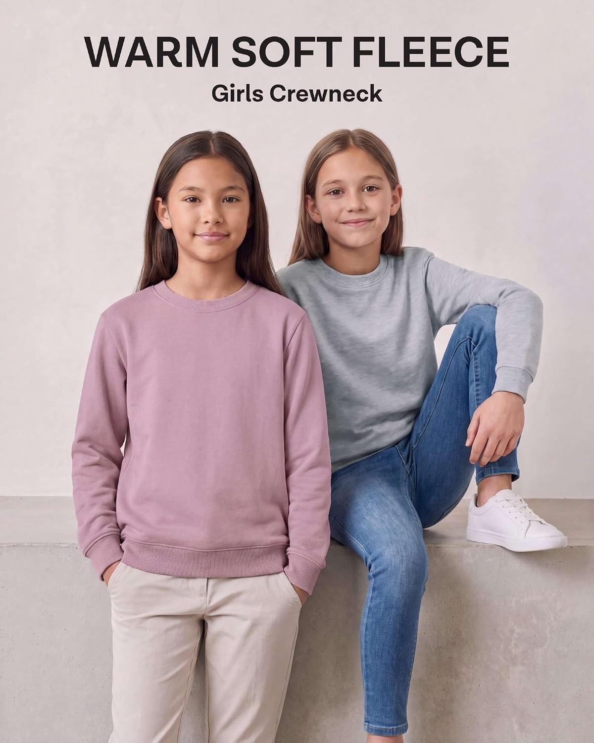 image:image3 Pack Girls Fleece Crewneck Sweatshirts Sweaters Kids Teens Pullover TopsSolid Black Solid Fragrant Lilac Grey Heather