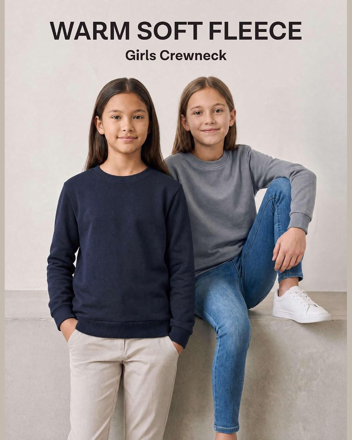 image:image3 Pack Girls Fleece Crewneck Sweatshirts Sweaters Kids Teens Pullover TopsSolid Black Solid Navy Blazer Solid Quiet Shade