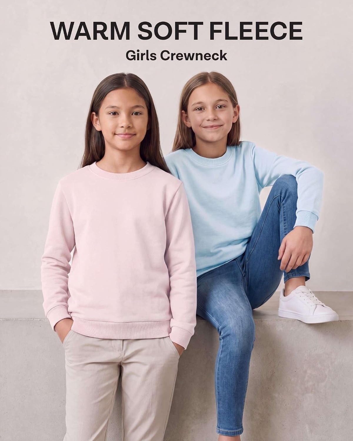 image:image3 Pack Girls Fleece Crewneck Sweatshirts Sweaters Kids Teens Pullover TopsSolid Black Solid Pale Lilac Solid Ballad Blue