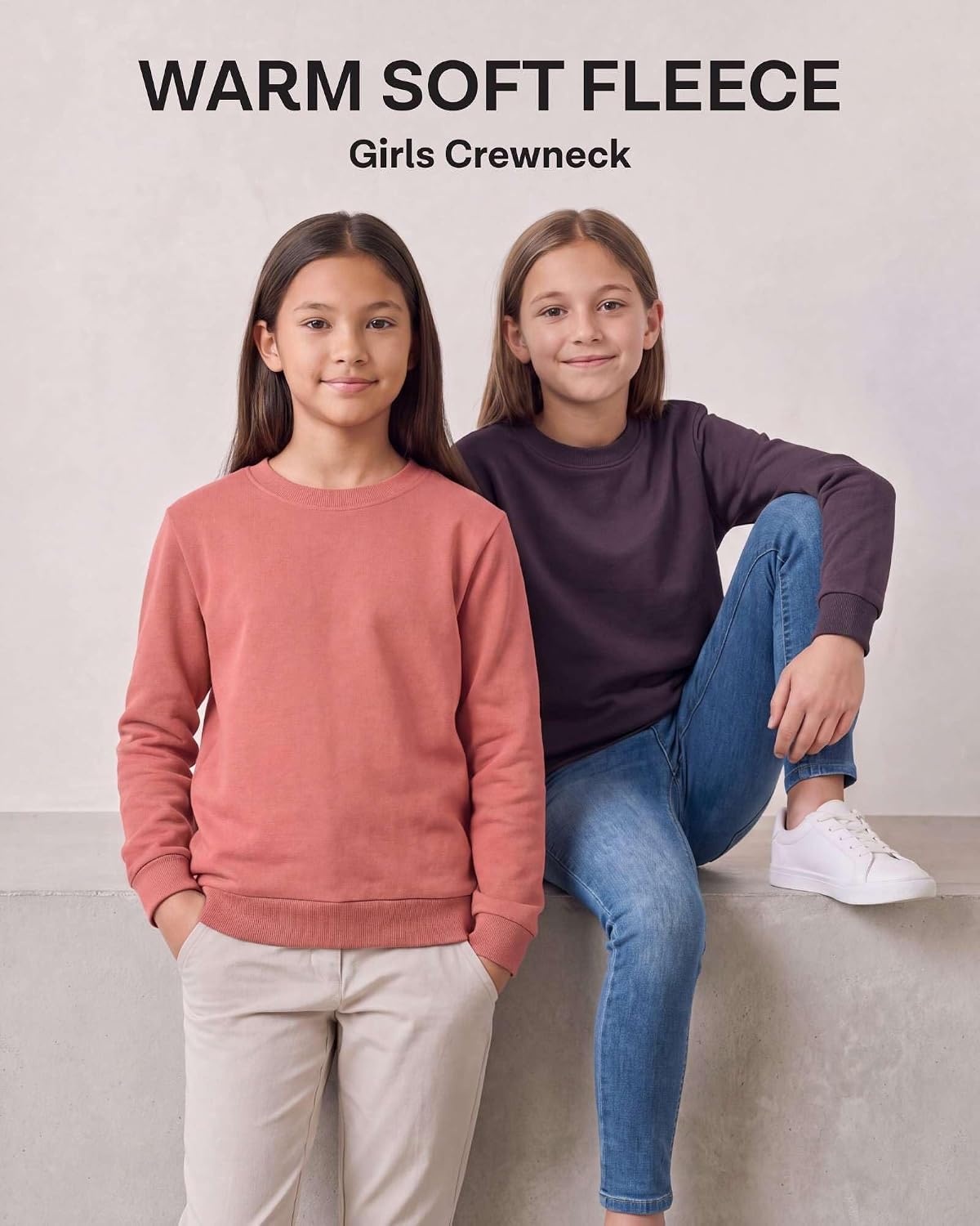 image:image3 Pack Girls Fleece Crewneck Sweatshirts Sweaters Kids Teens Pullover TopsSolid Black Solid Plum Perfect Solid Lantana