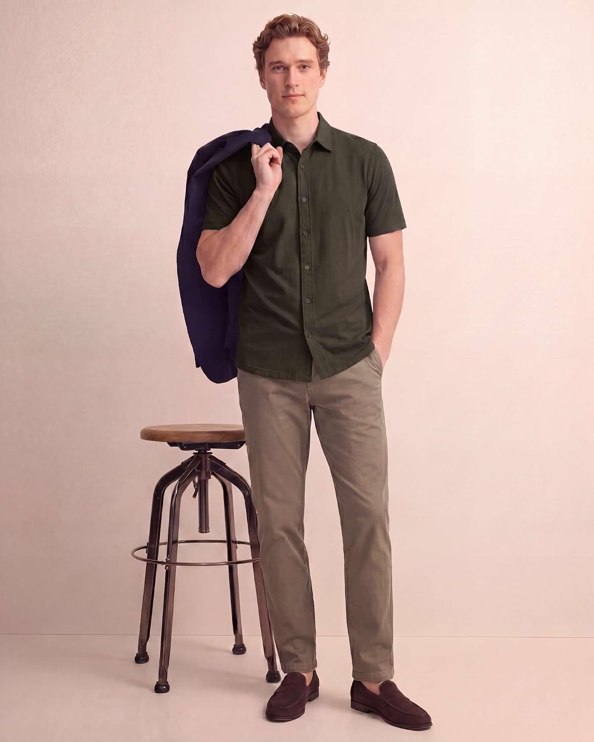 image:image3 Pack Mens Cotton Short Sleeve Button Down Casual Work Shirt Button UpSolid Black Solid Olive Night Solid Ballad Blue
