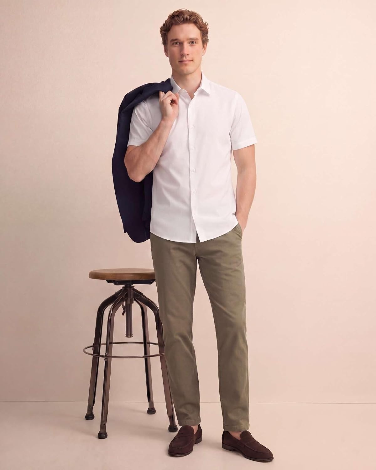 image:image3 Pack Mens Cotton Short Sleeve Button Down Casual Work Shirt Button UpSolid Vintage Indigo Solid Desert Sage Solid Bright White