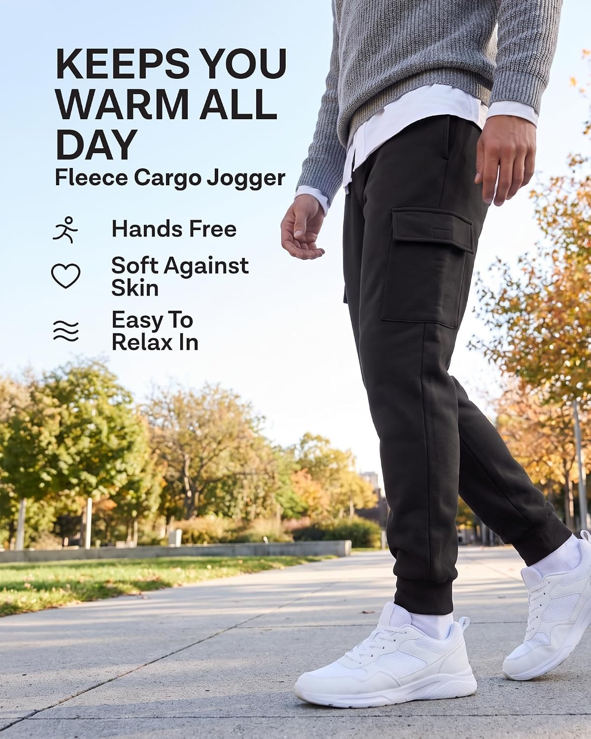 image:image3 Pack Mens Fleece Cargo Joggers Sweatpants Cuffed Athletic Gym PocketsSolid Black Solid Black Solid Black