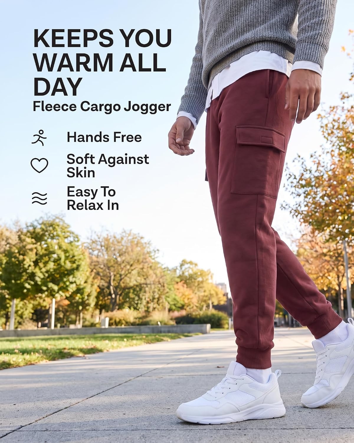 image:image3 Pack Mens Fleece Cargo Joggers Sweatpants Cuffed Athletic Gym PocketsSolid Black Solid Burgundy Grey Heather