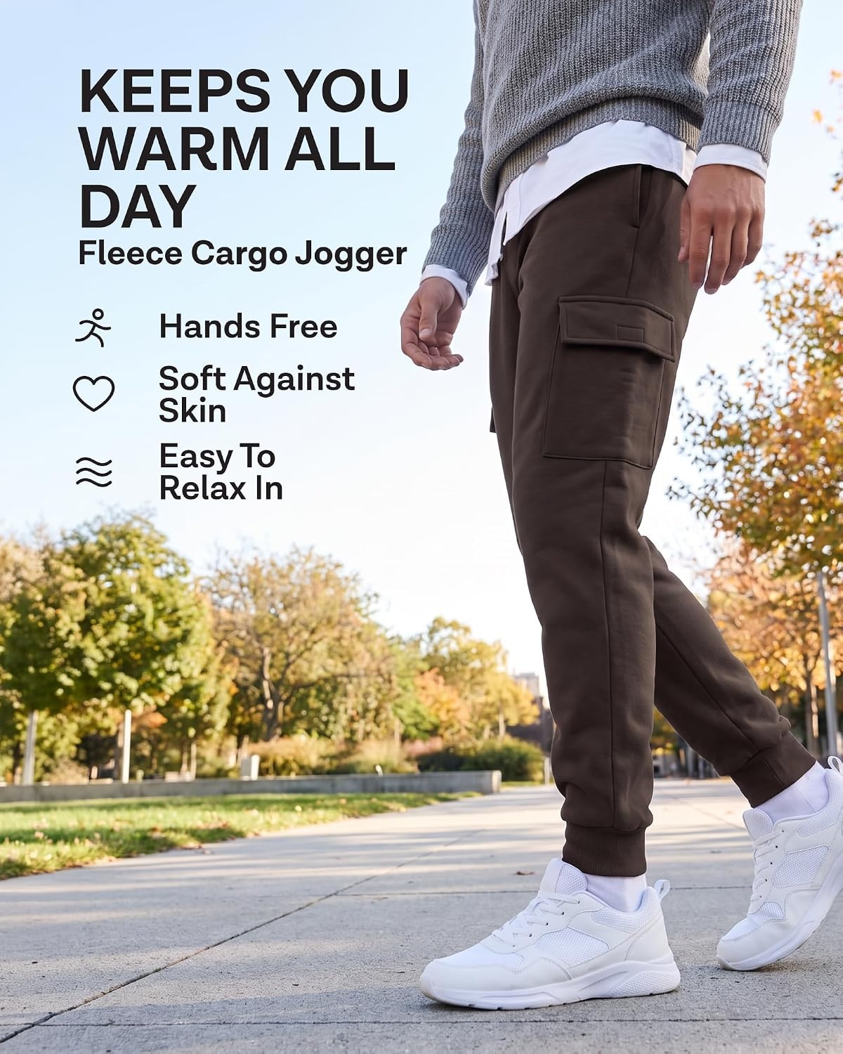 image:image3 Pack Mens Fleece Cargo Joggers Sweatpants Cuffed Athletic Gym PocketsSolid Black Solid Chocolate Torte Solid Moonbeam