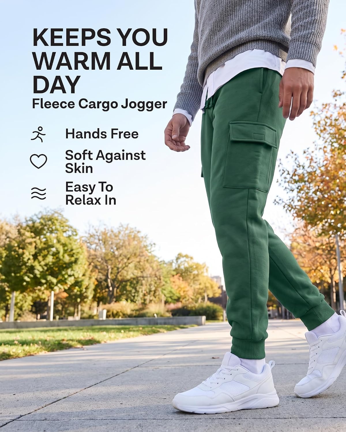 image:image3 Pack Mens Fleece Cargo Joggers Sweatpants Cuffed Athletic Gym PocketsSolid Black Solid Hunter Green Solid Quiet Shade