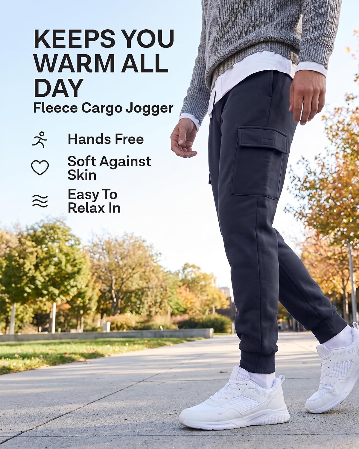 image:image3 Pack Mens Fleece Cargo Joggers Sweatpants Cuffed Athletic Gym PocketsSolid Black Solid Navy Blazer Charcoal Heather