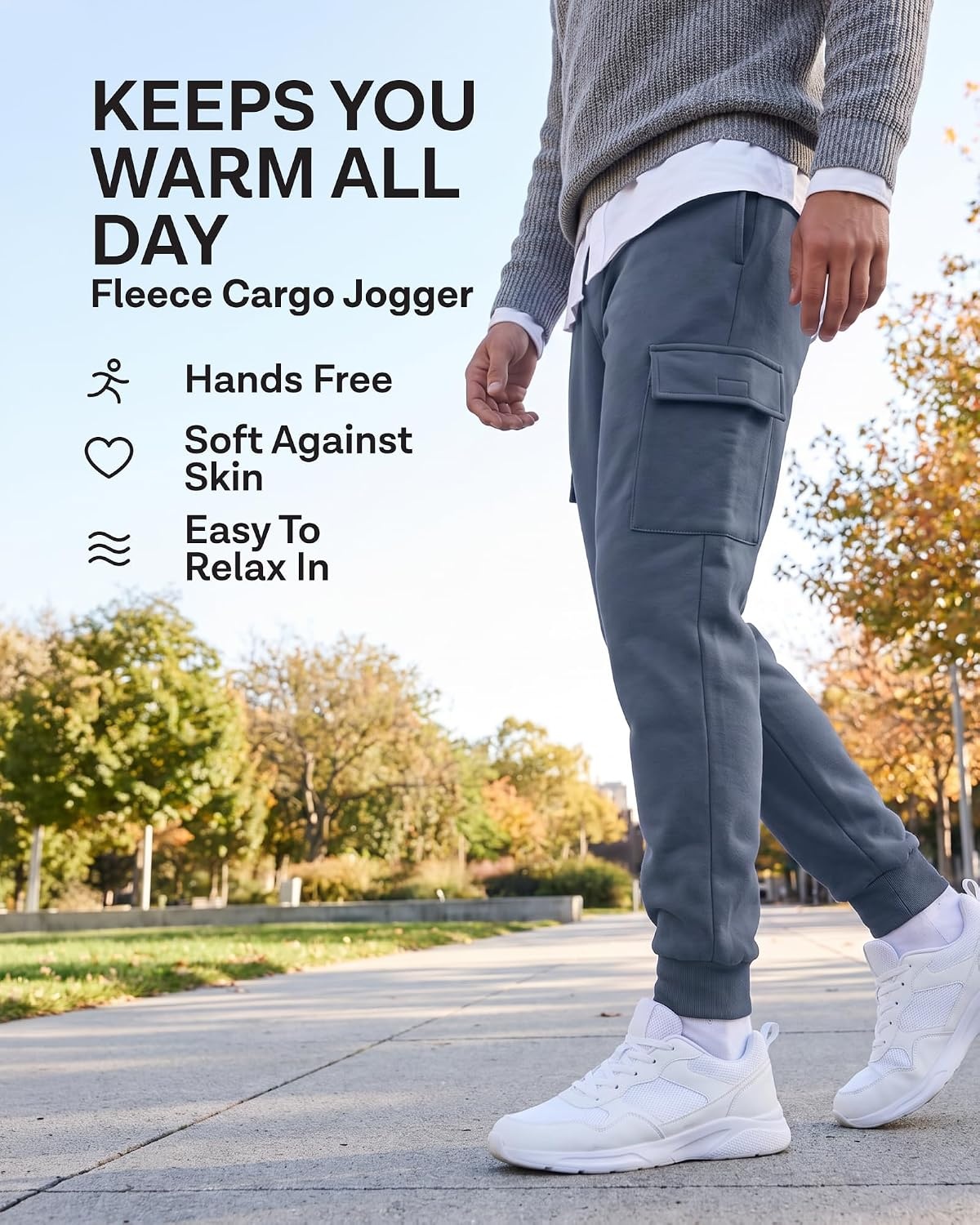 image:image3 Pack Mens Fleece Cargo Joggers Sweatpants Cuffed Athletic Gym PocketsSolid Black Solid Olive Night Solid Vintage Indigo