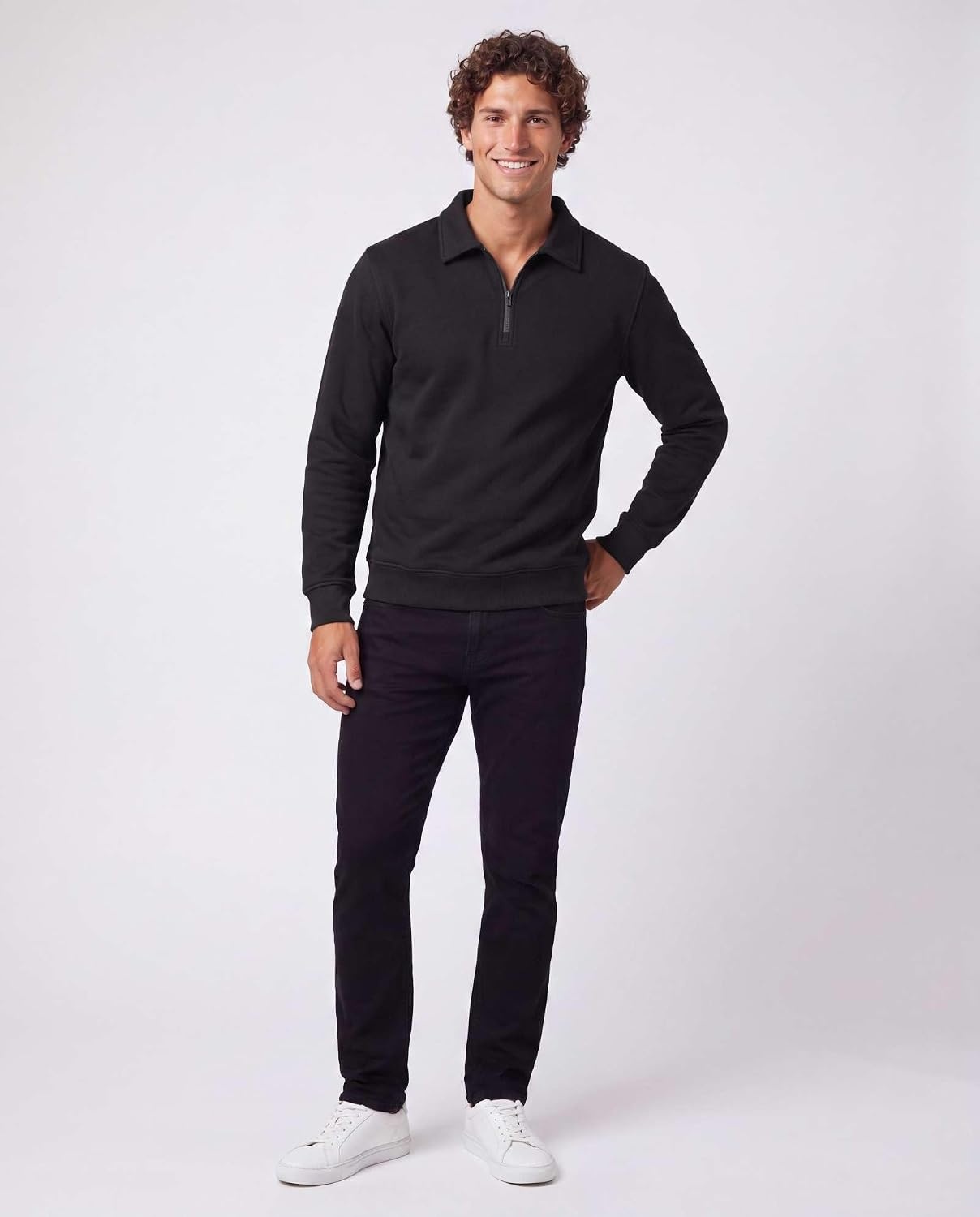 image:imageReal Essentials Mens LS Fleece Collared Quarter ZipSolid Black Grey Heather