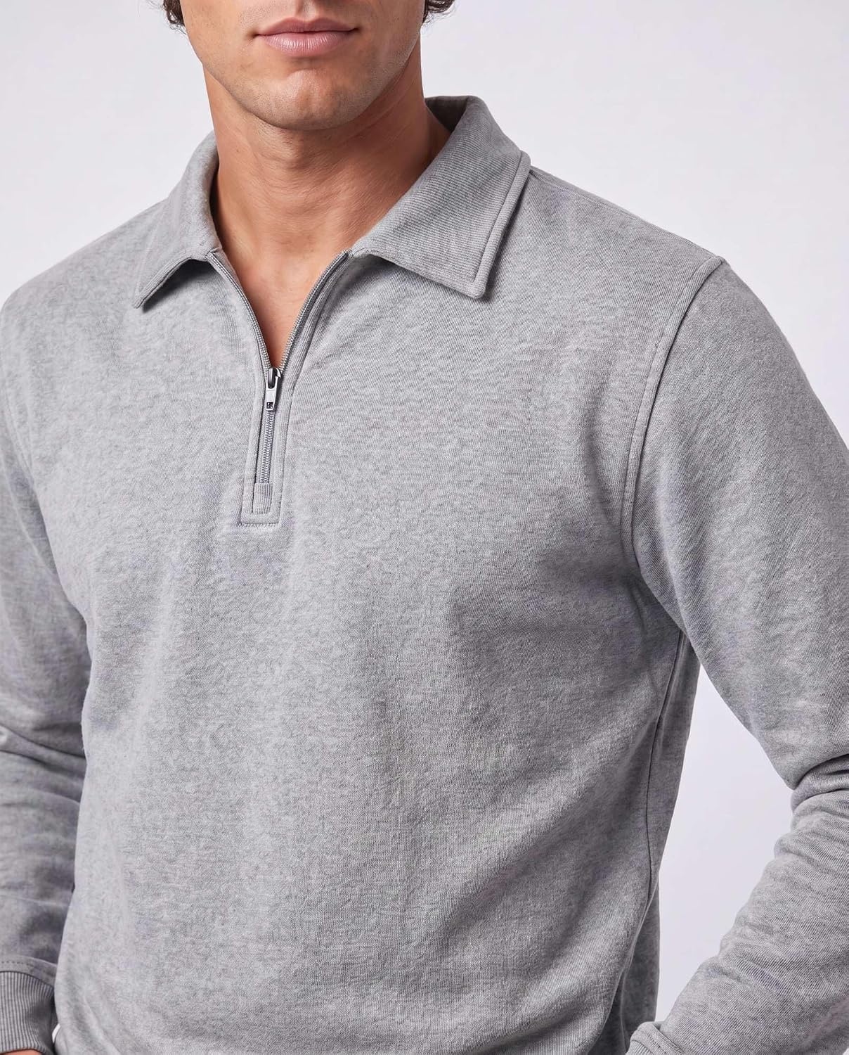 image:imageReal Essentials Mens LS Fleece Collared Quarter ZipSolid Black Grey Heather