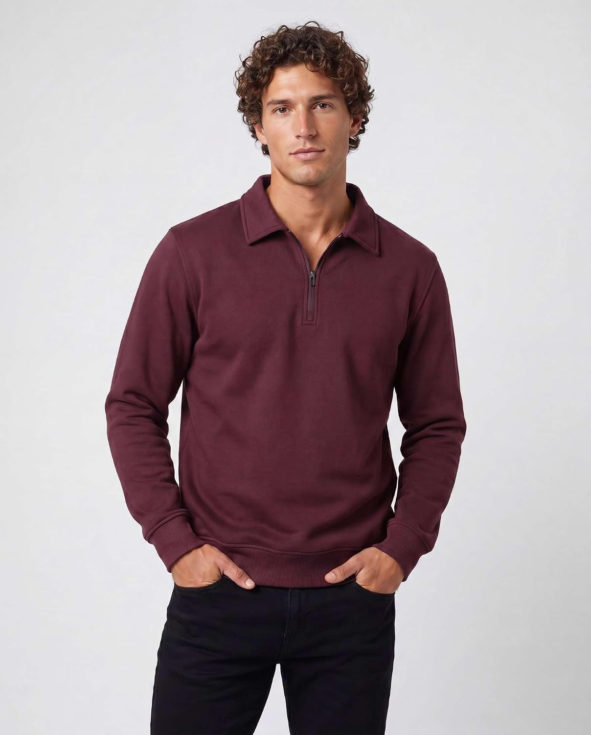image:imageReal Essentials Mens LS Fleece Collared Quarter ZipSolid Burgundy Grey Heather
