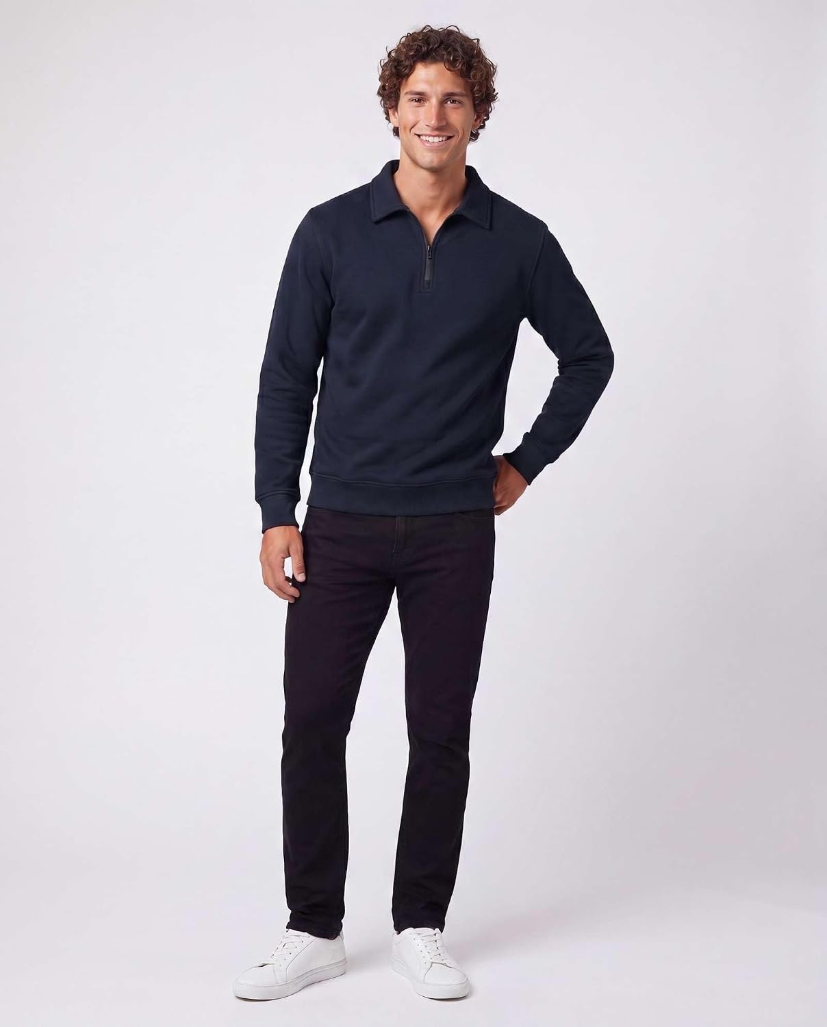 image:imageReal Essentials Mens LS Fleece Collared Quarter ZipSolid Navy Blazer Charcoal Heather