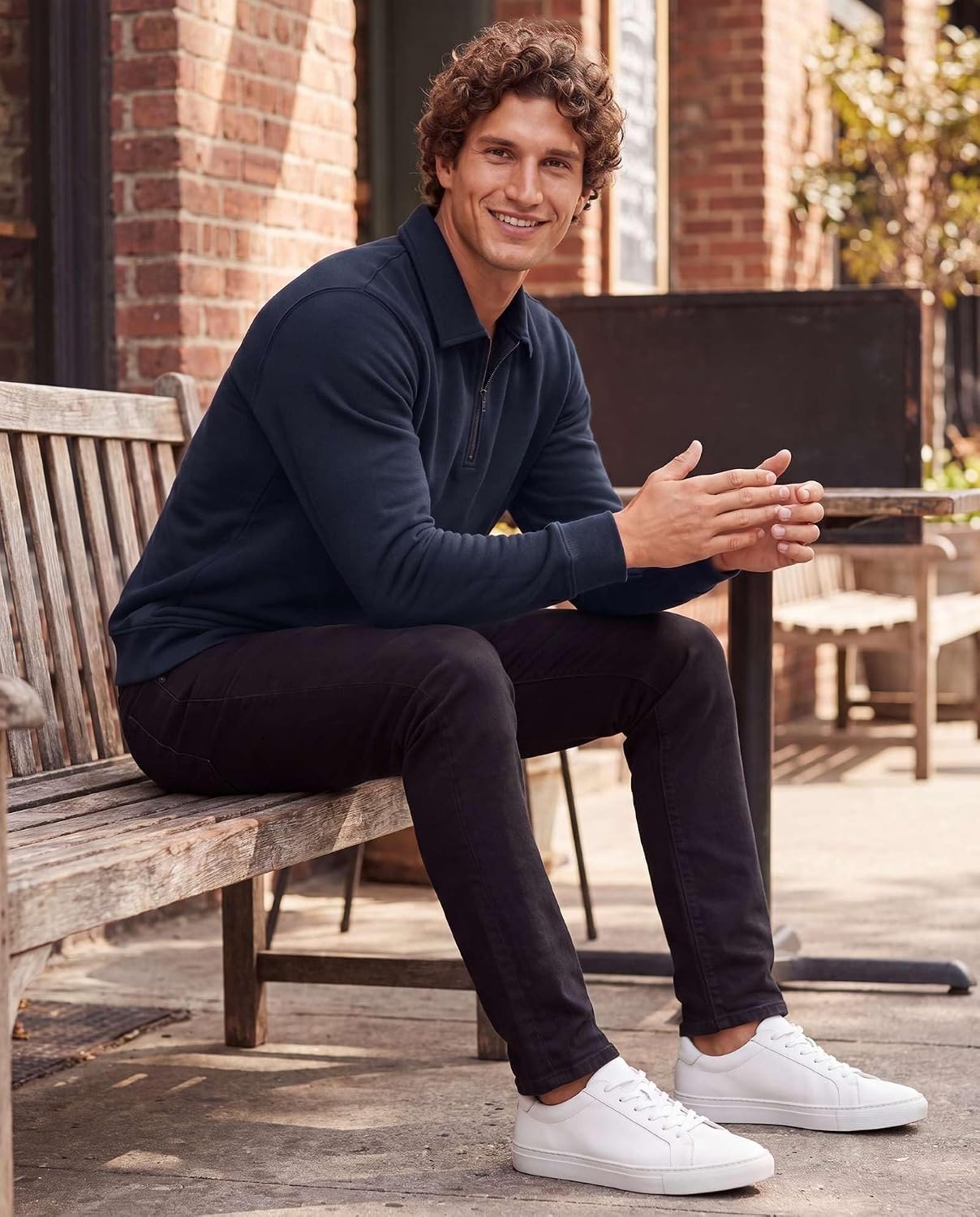 image:imageReal Essentials Mens LS Fleece Collared Quarter ZipSolid Navy Blazer Charcoal Heather