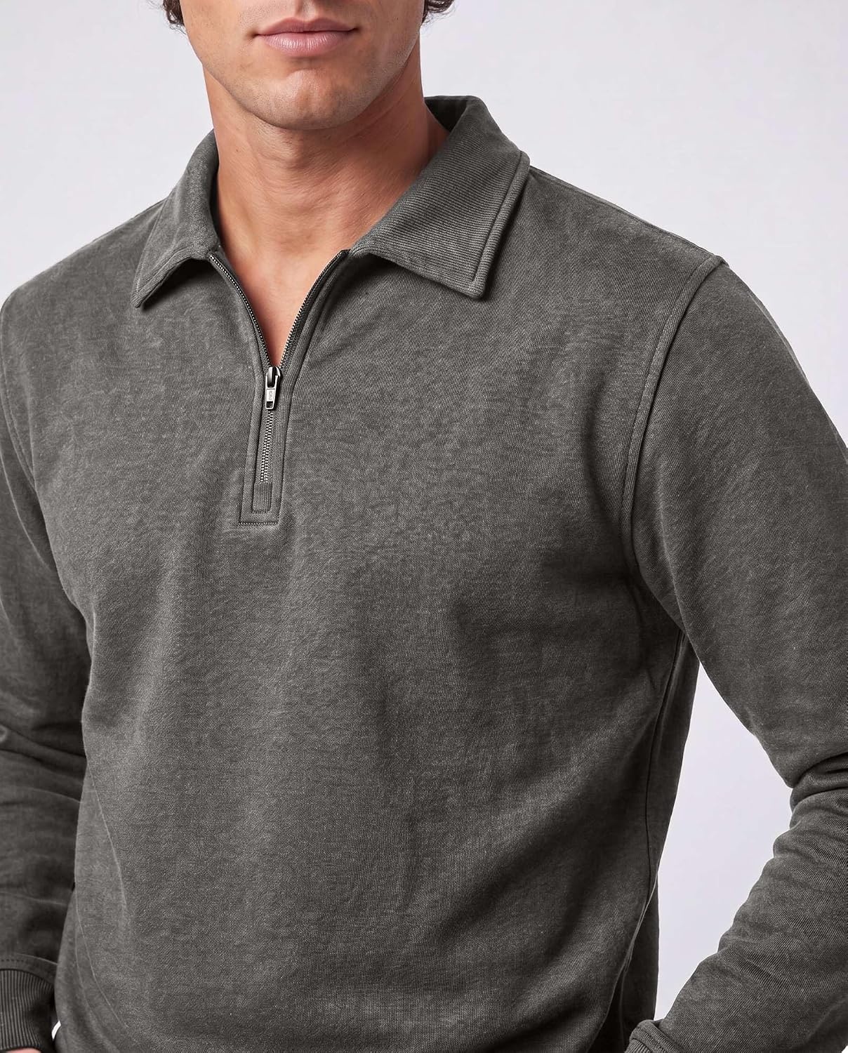 image:imageReal Essentials Mens LS Fleece Collared Quarter ZipSolid Navy Blazer Charcoal Heather