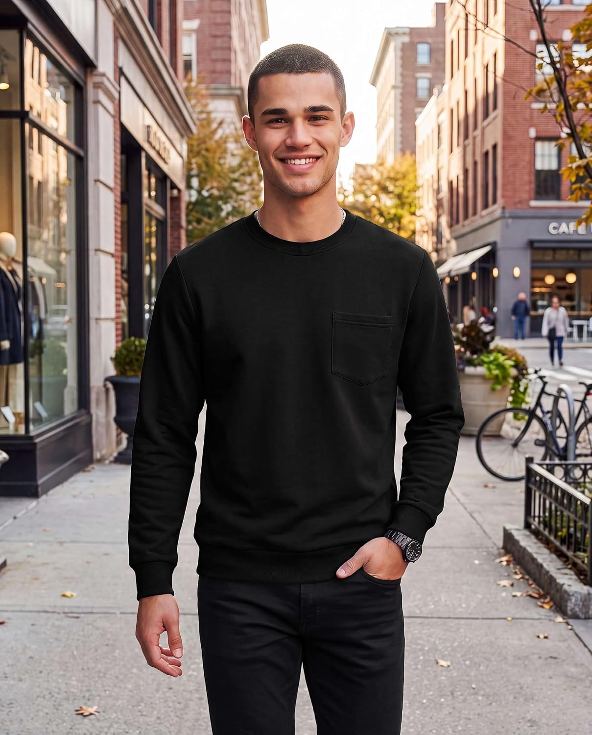 image:imageReal Essentials Mens LS Fleece Crew with PocketSolid Black Solid Black Solid Black