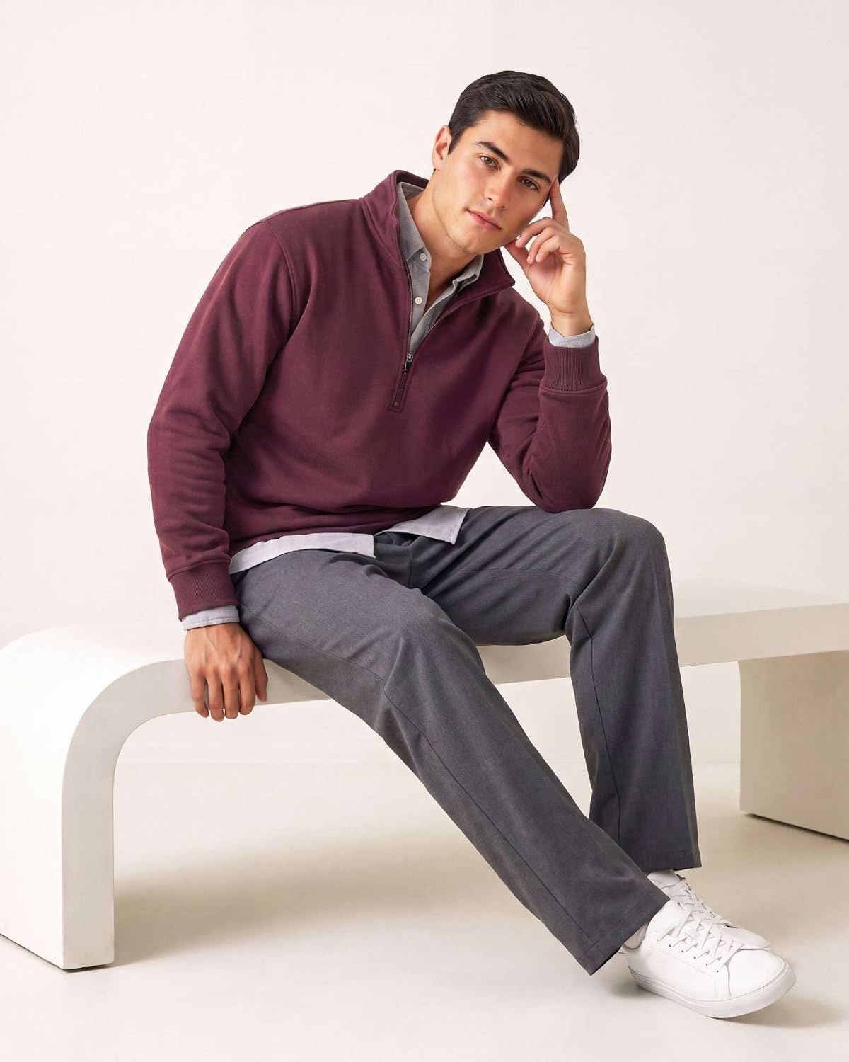 image:imageReal Essentials Mens LS Fleece Half ZipSolid Black Grey Heather