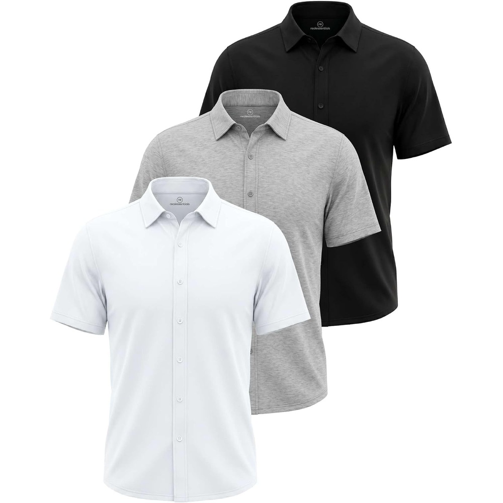 image:image3 Pack Mens Cotton Short Sleeve Button Down Casual Work Shirt Button UpSolid Black Grey Heather Solid Bright White