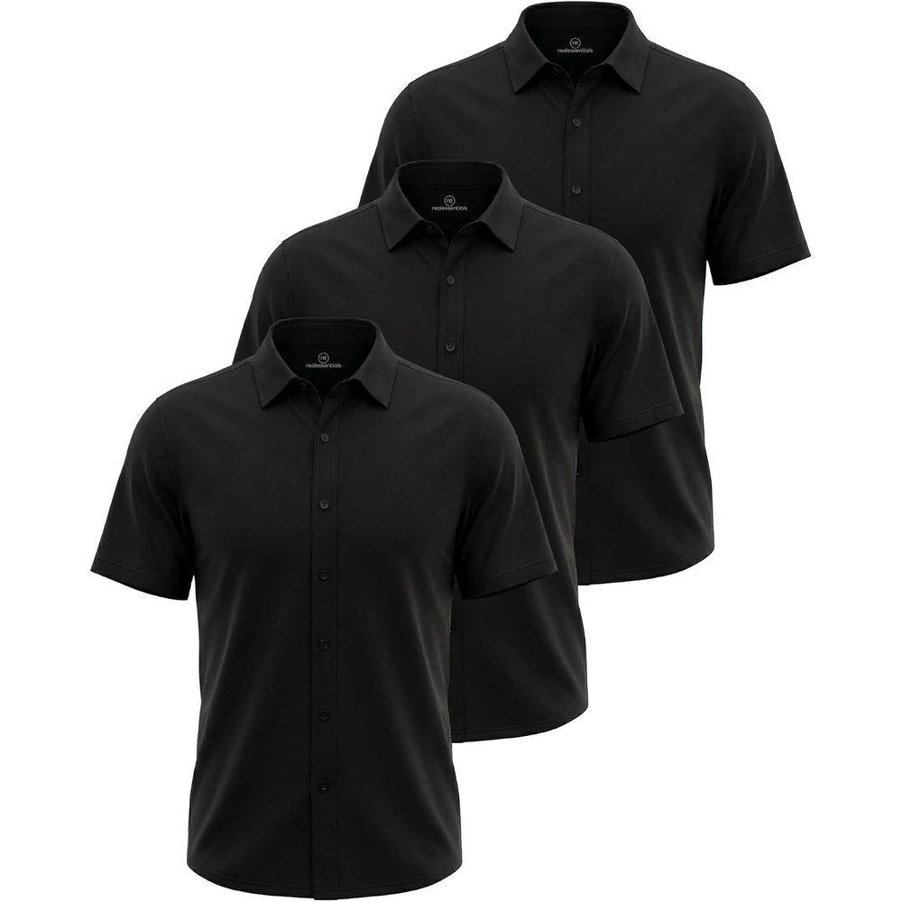image:image3 Pack Mens Cotton Short Sleeve Button Down Casual Work Shirt Button UpSolid Black Solid Black Solid Black