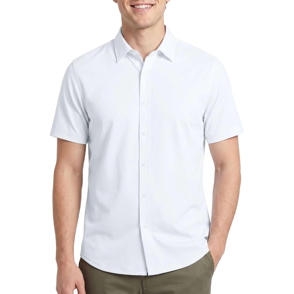 image:image3 Pack Mens Cotton Short Sleeve Button Down Casual Work Shirt Button UpSolid Bright White