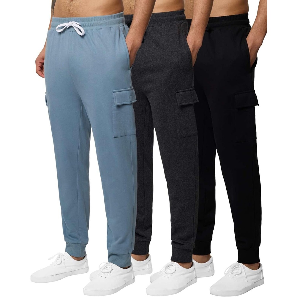 image:image3 Pack Mens Fleece Cargo Joggers Sweatpants Cuffed Athletic Gym PocketsSet 3